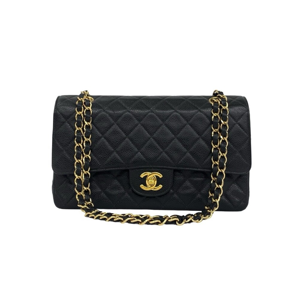 CHANEL Matelassé Coco Mark Caviar Skin 2-way Shoulder Bag Pouch Black d86-5